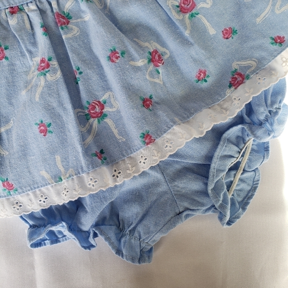 Baby Blue Floral Print Dress and Diaper Cover Set Pink Roses Lace Trim Baby Girl - Picture 5 of 8